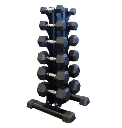 A vertical black dumbbell rack filled with dumbbells, designed for saving floor space and organizing weights.