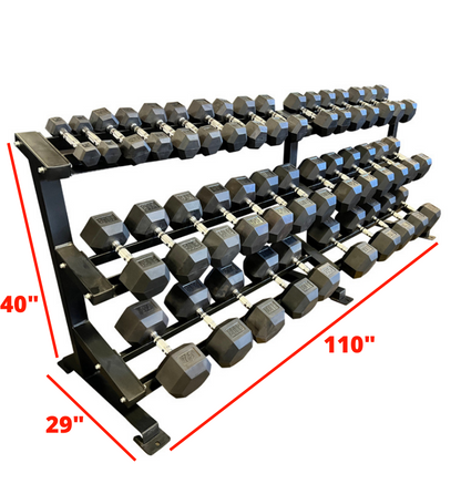 A black metal dumbbell rack with multiple shelves, capable of holding a range of dumbbell weights.
