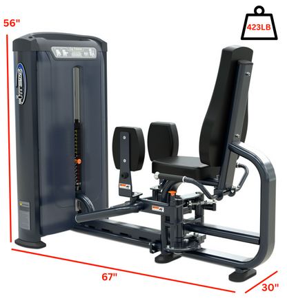 Leg press machine displayed with visible measurements for user reference and guidance