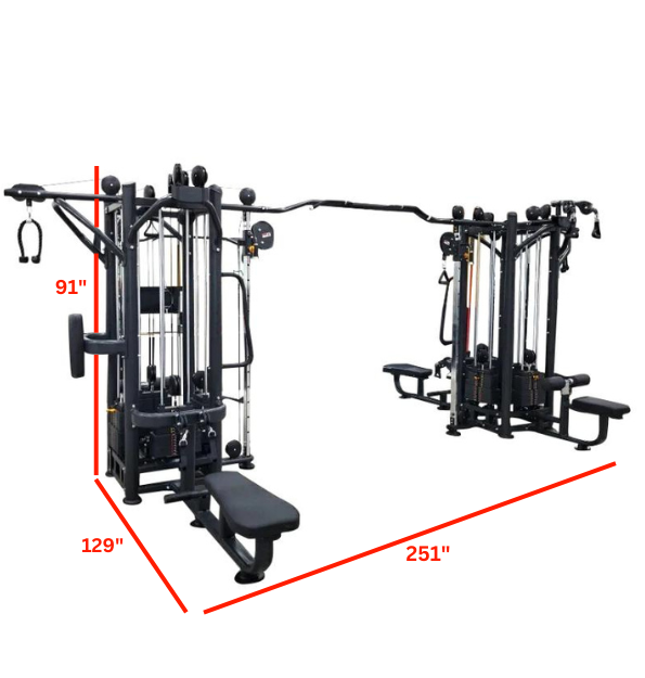 8 Station Multi Gym with labeled dimensions 