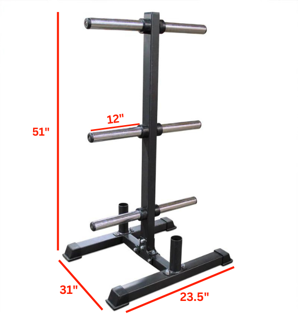 Tall Bumper Plate Tree w/ 2 Bar Holders with dimensions 