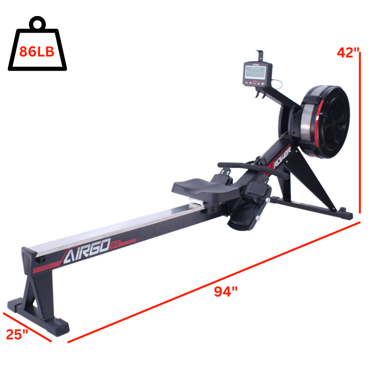 AirGo Rower with labeled dimensions 