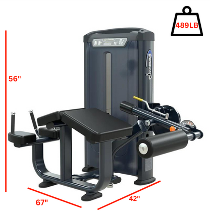 Horizontal Leg Curl machine shown with detailed measurements, intended for horizontal leg curl training