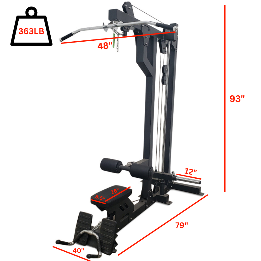 Plate loaded lat pulldown low row with labeled dimensions 