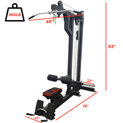 Plate loaded lat pulldown low row with labeled dimensions 