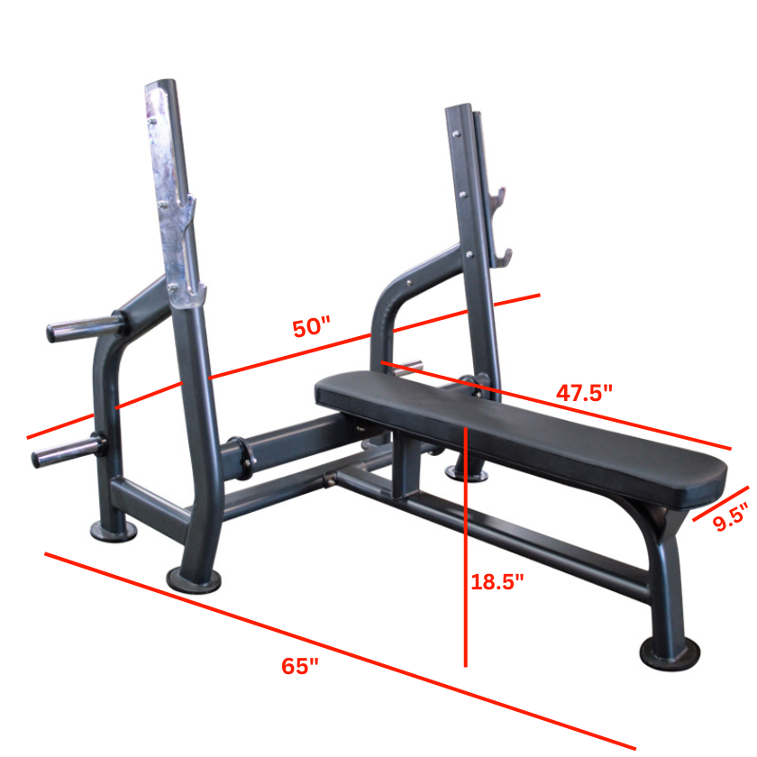 Olympic Flat Bench Press w/ Weight Holder labeled dimensions 