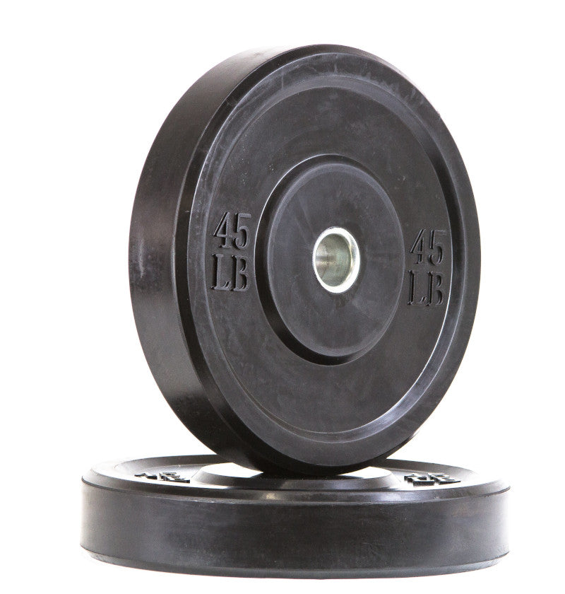 Black rubber bumper plate displayed on a white background, suitable for various weightlifting exercises and training.