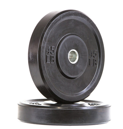 Black rubber bumper plate displayed on a white background, suitable for various weightlifting exercises and training.