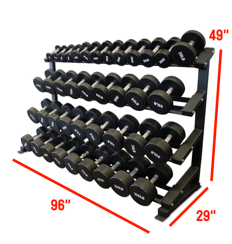 4 tier dumbbell rack with labeled dimensions 