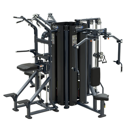 A gym setup with a squat rack and bench press, designed for multiple users in a 4-station configuration.