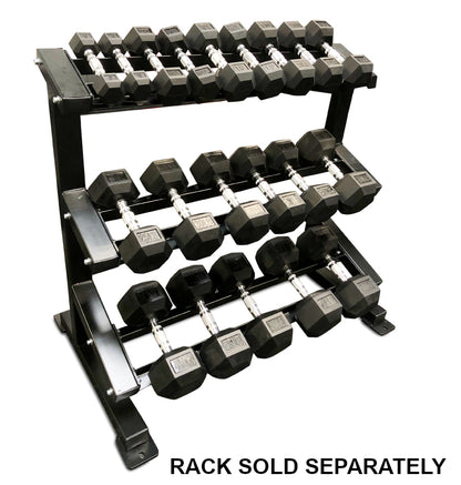 A set of black rubber hex dumbbells arranged on a 3- tier metal rack, with the rack sold separately noted at the bottom.