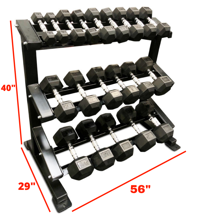 3 Tier Dumbbell Rack with labeled dimensions 