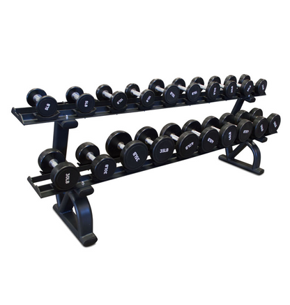 A black dumbbell rack equipped with saddles, showcasing an array of weights.