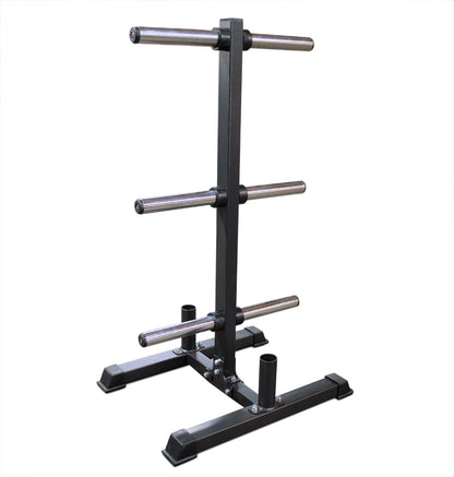 Black metal rack with three bars, serving as a short vertical bumper plate tree with two bar storage holders
