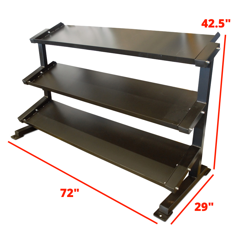 3 tier dumbbell tray rack with labeled dimensions 