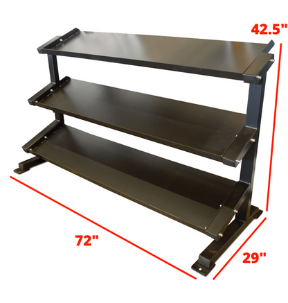 3 tier dumbbell tray rack with labeled dimensions 