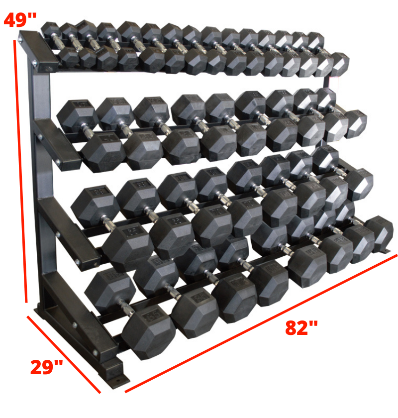 4 tier dumbbell rack with labeled dimensions 