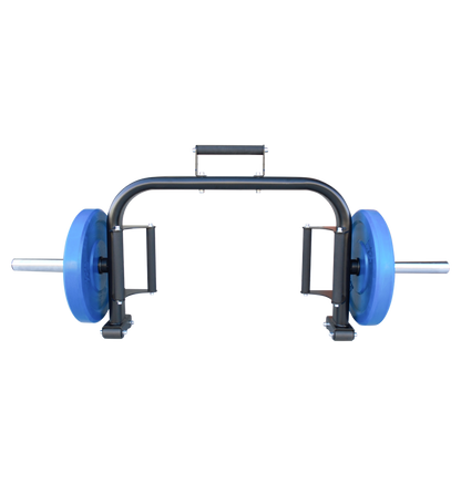 Front view of open trap bar with blue weights attached to either side