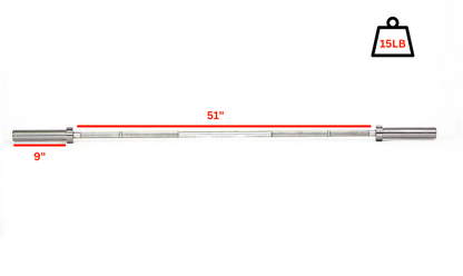 Aluminum training 15lb bar with labeled measurements 
