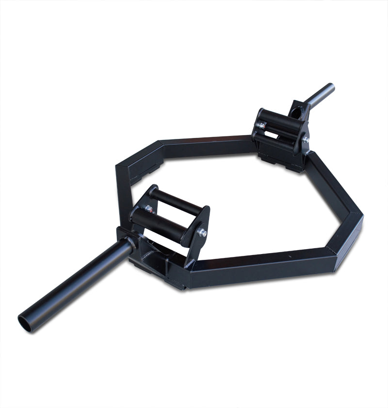 A black metal frame with an attached handle, representing the Elite Revolving Handle Hex Bar for fitness training.