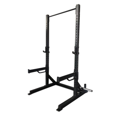 A Basic Squat Rack is featured on a white background, emphasizing its functional design and sturdy construction.