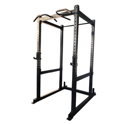 Power rack in black metal, model PL7356, equipped with two bars for various strength training workouts.