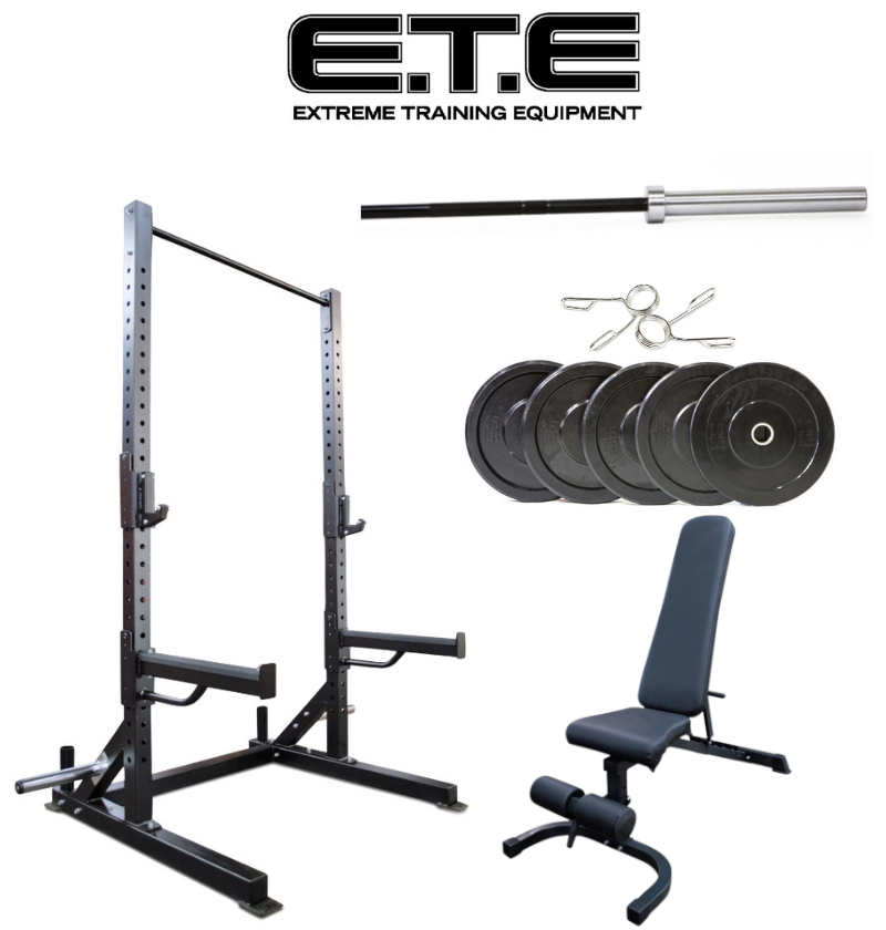 The ETE power rack and bench set features the Basic Squat Rack Package Deal for strength training and workouts.