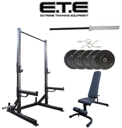 The ETE power rack and bench set features the Basic Squat Rack Package Deal for strength training and workouts.