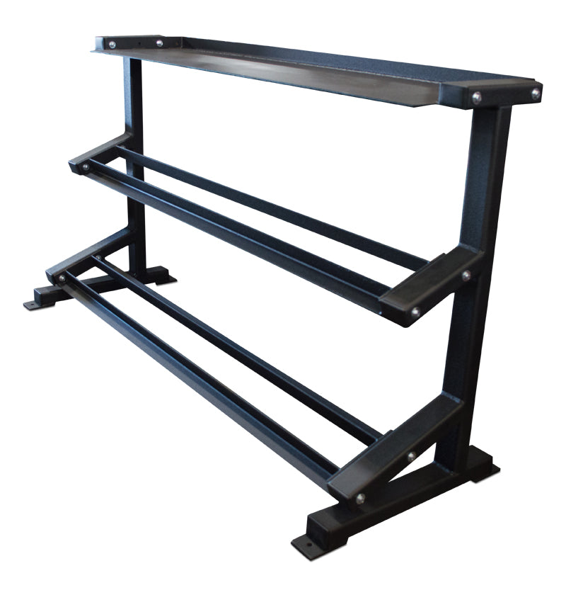 A black metal rack with two shelves, ideal for storing dumbbells and kettlebells in a gym or home workout space.