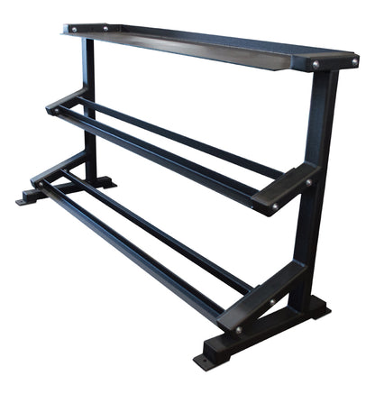 A black metal rack with two shelves, ideal for storing dumbbells and kettlebells in a gym or home workout space.