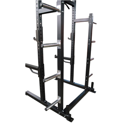 A black Pro Half Rack featuring two bars positioned on it, designed for strength training exercises.