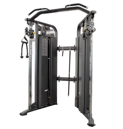 A multi-station cable machine in a gym setting, designed for versatile strength training exercises.
