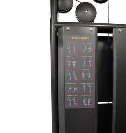 A black gym equipment labeled as PL7320 Functional Trainer Dual Cable Machine, showcasing its design and functionality.