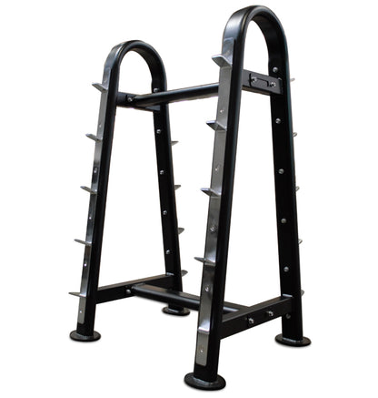 Curl bar rack in black metal, featuring spikes to keep workout bars in place.