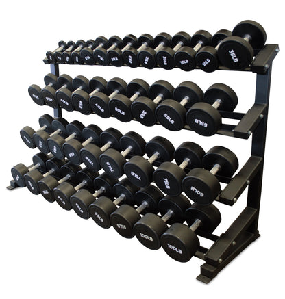 A rack filled with black dumbbells, showcasing a selection for strength training exercises.