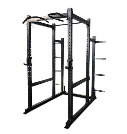 Deluxe Power Cage PL7355, a sturdy power rack designed to securely hold a barbell for strength training exercises.