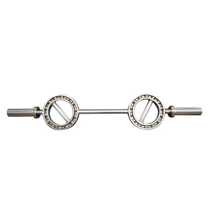 A pair of metal bars featuring two holes, identified as an EYE Olympic Curl Bar for weightlifting.