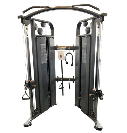 A black and silver PL7320 Functional Trainer Dual Cable Machine, highlighting its modern fitness equipment design.