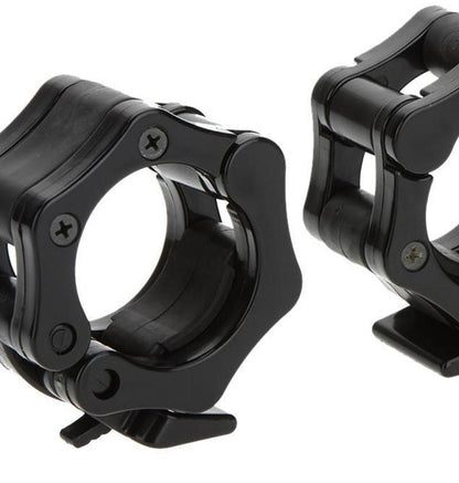 A pair of black standard locking collars for weights.