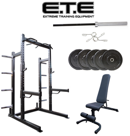 ETE Pro Half Rack power rack Package Deal with bench set, designed for strength training and fitness workouts.