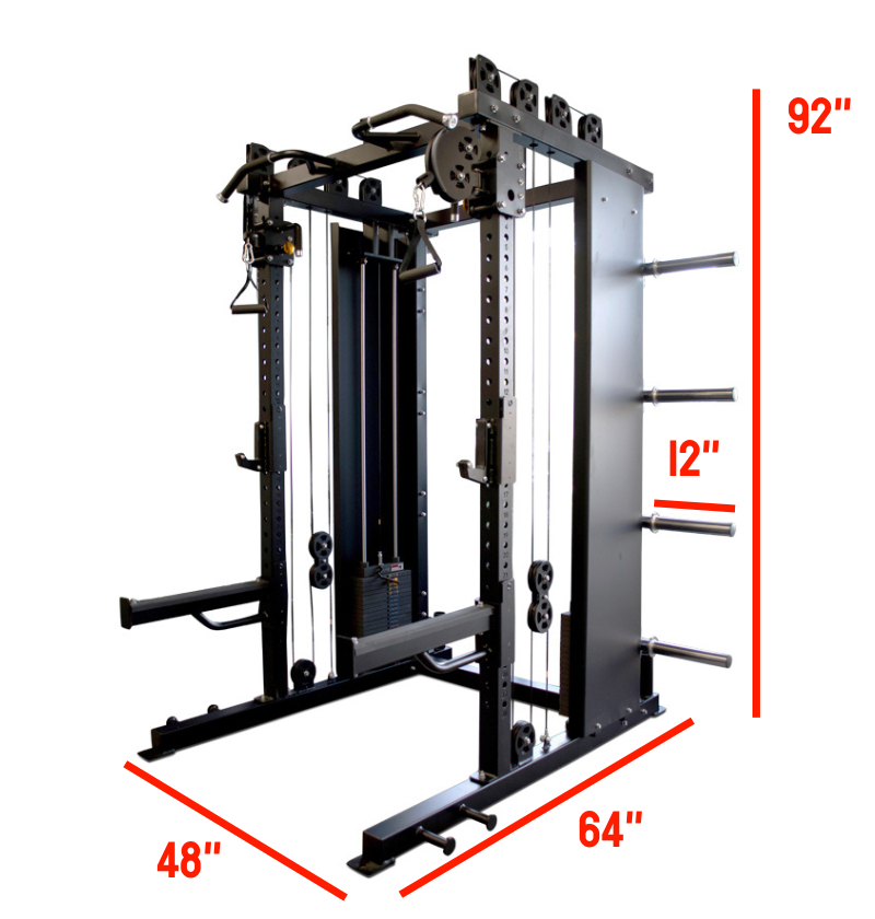 Detailed measurements of the PL7320E Functional Trainer Squat Rack, illustrating its dimensions for effective use in fitness spaces.