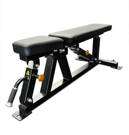Black gym bench with yellow buttons, model Adjustable Flat Incline Bench PL7328E, designed for versatile workouts.
