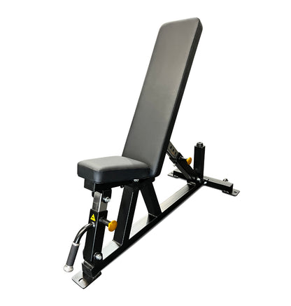 Black Adjustable Flat Incline Bench PL7328E with a cushioned seat, designed for versatile gym exercises.