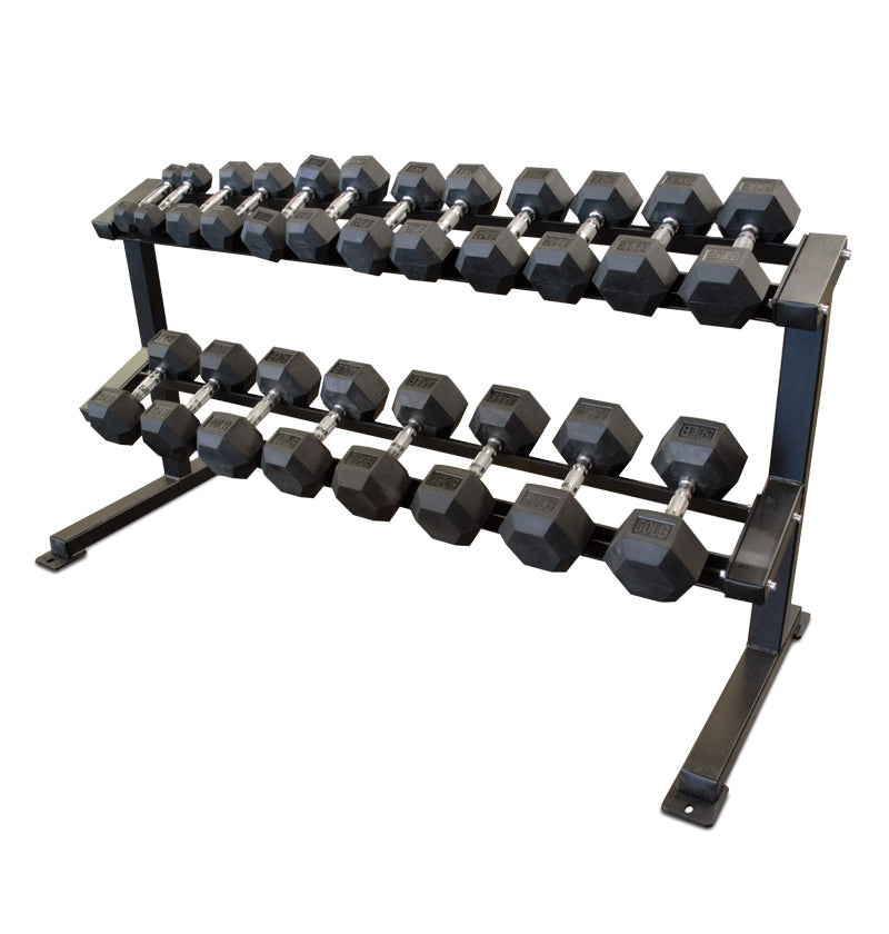 Rubber Hex Dumbbells displayed on a 2-tier metal rack 