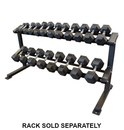 Rack displaying Rubber Hex Dumbbell Sets, with a note indicating the rack is sold separately.