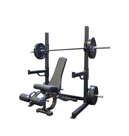 Black squat rack with a bench and bar, designed for strength training and fitness exercises.