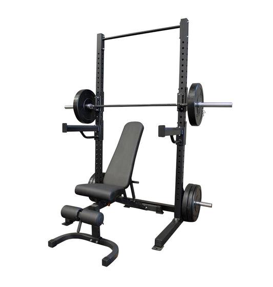 Basic Squat Rack in black, featuring a bench and bar for effective weightlifting workouts.