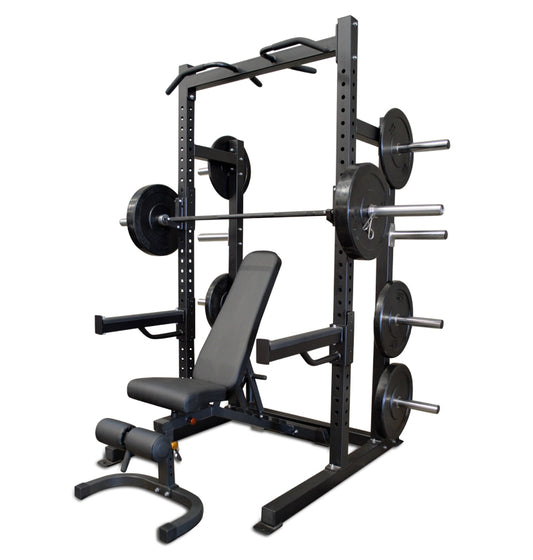 Black Pro Half Rack with a bench and weights, designed for strength training and fitness workouts.