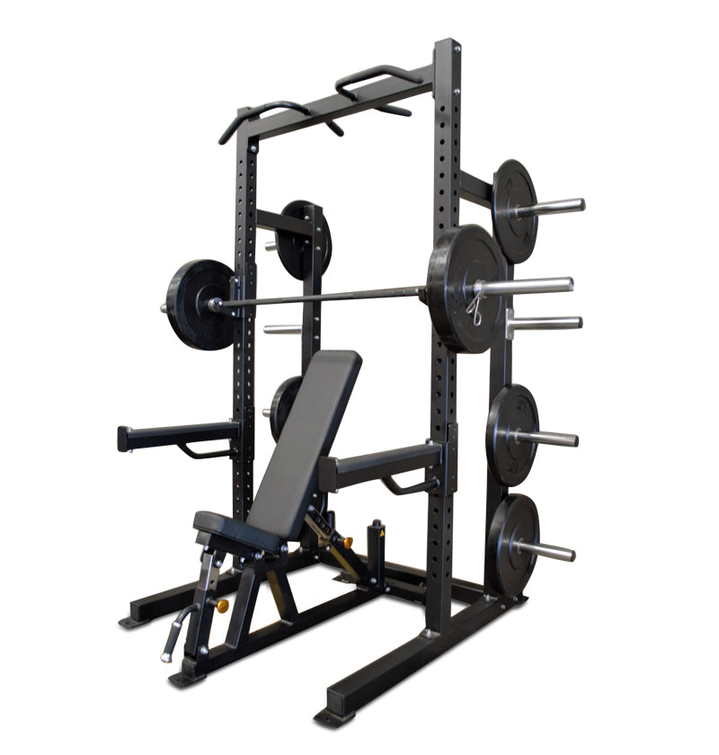 Black Pro Half Rack with a bench and weights, designed for strength training and fitness workouts.