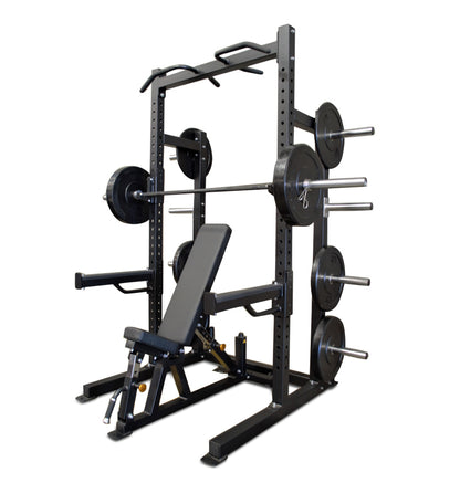 Black Pro Half Rack with a bench and weights, designed for strength training and fitness workouts.